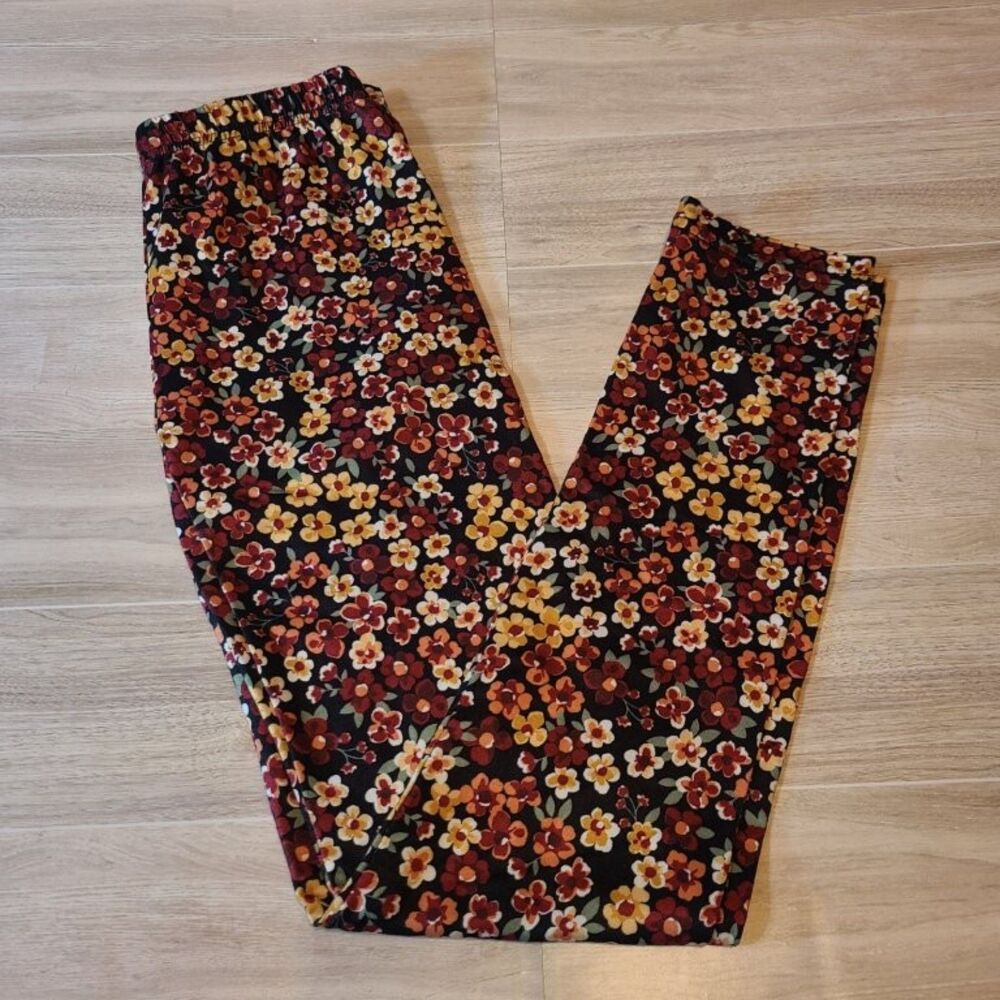 Derek Heart Girls Floral Leggings Size 10 Black Red Stretch Pants Elastic Flower